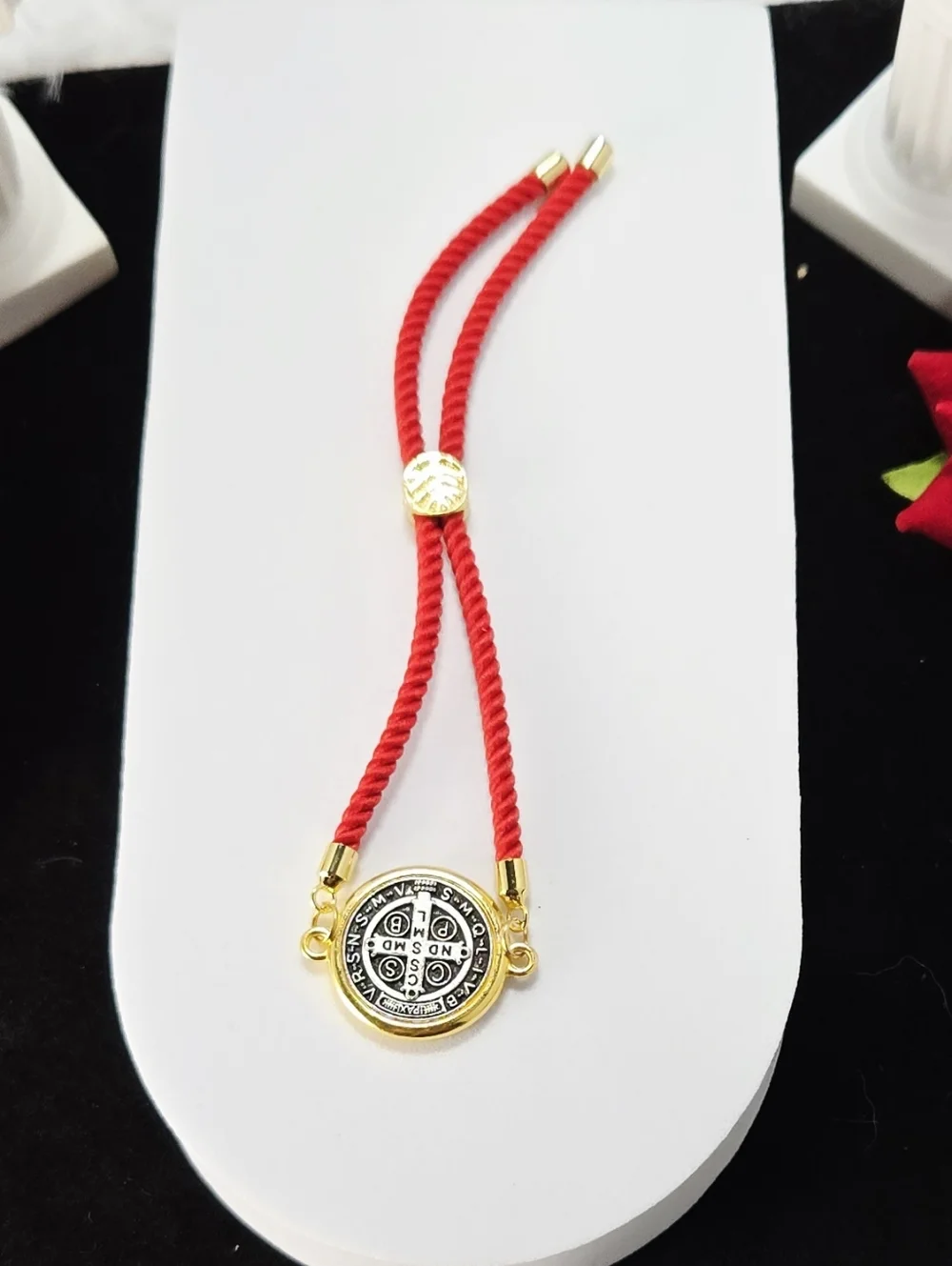 St. Benedict Red Cord Bracelet Adjustable 18K Gold Plated Medal Protection Faith